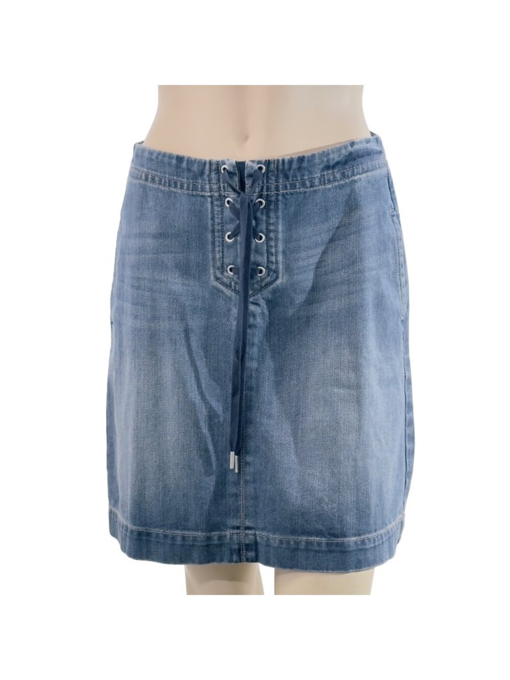 ANN TAYLOR LOFT Women's Denim Skirt Blue Cotton Lace-Up Front Zip Back Size 2